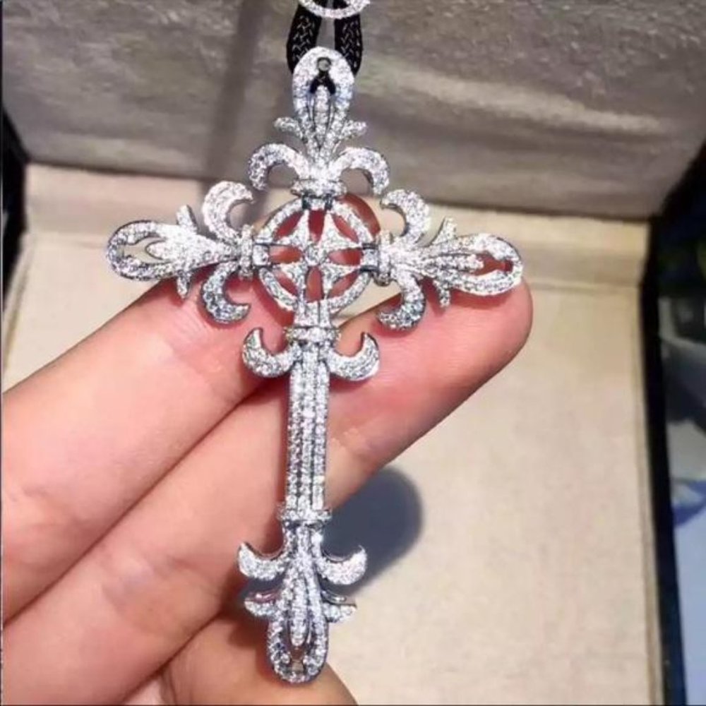 New Men Women 925 Silver Cross Diamond Necklace - Picture 5 of 5